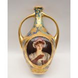 A Vienna style porcelain twin handled vase painted with a portrait titled Lissette,