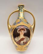 A Vienna style porcelain twin handled vase painted with a portrait titled Lissette,