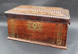 A late regency rosewood jewellery casket, of sarcophagus form, inlaid with brass,