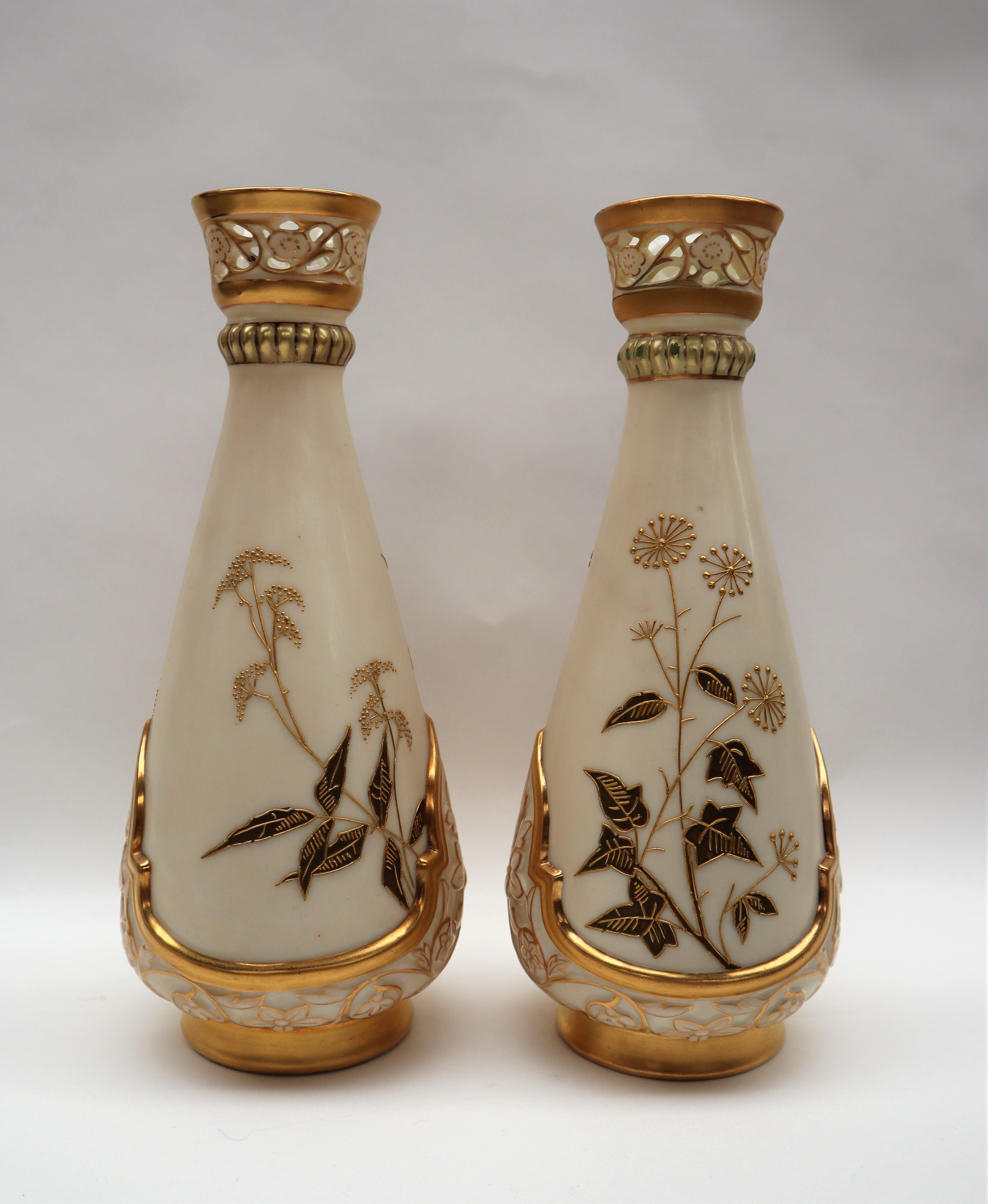 A pair of Royal Worcester porcelain vase with a pierced flared top above a tapering body decorated - Image 4 of 6
