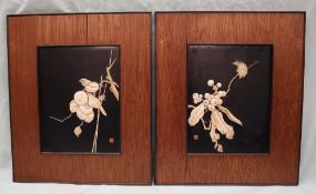 A pair of Japanese carved bone and lacquer panels,