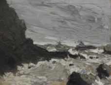 School of Sir Kyffin Williams A coastal scene with rocks in the foreground Oil on canvas 30 x 40cm