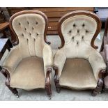 A matched pair of Victorian mahogany framed spoon back chairs, with turned legs and castors,
