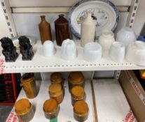 Hornsea storage jars together with hardstone dogs of foo, jelly moulds,