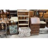 A small pine coffer together with a box stool, bureau, pine bookcase, fires screen,