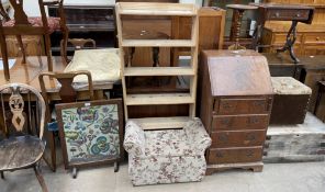 A small pine coffer together with a box stool, bureau, pine bookcase, fires screen,