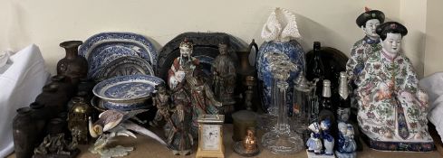 Assorted blue and white pottery plates, Japanese pottery vases, Chinese figures, glass candlesticks,