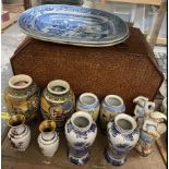 Japanese satsuma vases together with other vases, blue and white meat plates.