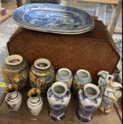 Japanese satsuma vases together with other vases, blue and white meat plates.