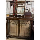 A 20th century mahogany display cabinet together with a bamboo magazine rack and an oak stand