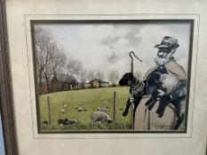 Dennis Laye A Shepherd and sheep Watercolour Signed