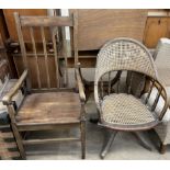 A 19th century elbow chair together with a wicker office chair