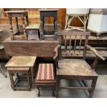 A Victorian mahogany pembroke table together with two joynt stools, another two stools,