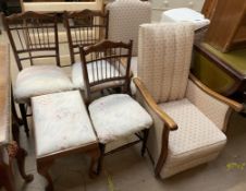 A pair of early 20th century upholstered elbow chairs together with a set of three bedroom chairs