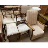 A pair of early 20th century upholstered elbow chairs together with a set of three bedroom chairs