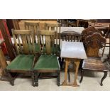 A pair of Victorian oak hall chairs together with a kitchen chair,