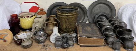 Stoneware foot warmers together with pewter chargers, pewter tankards, Household inhaler,