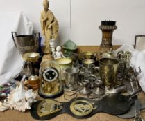 A silver twin handled trophy cup, together with other trophy cups, tankards, anniversary clock,