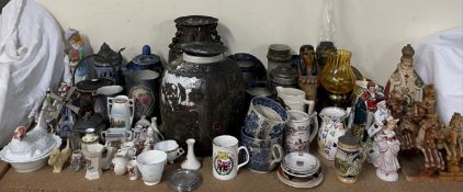 Crested wares together with Chinese porcelain vases, pottery stein, oil lamps,