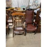 An early Victorian mahogany elbow chair with a pad upholstered back and seat on reeded legs