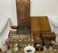 An Edwardian oak table top stationery cabinet together with a mother of pearl inlaid jewellery box,