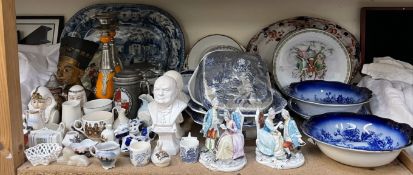 A blue and white pottery meat plate, together with blue and white tureens, bowls,