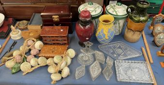 A W German pottery jug together with pottery storage jars, jewellery boxes,