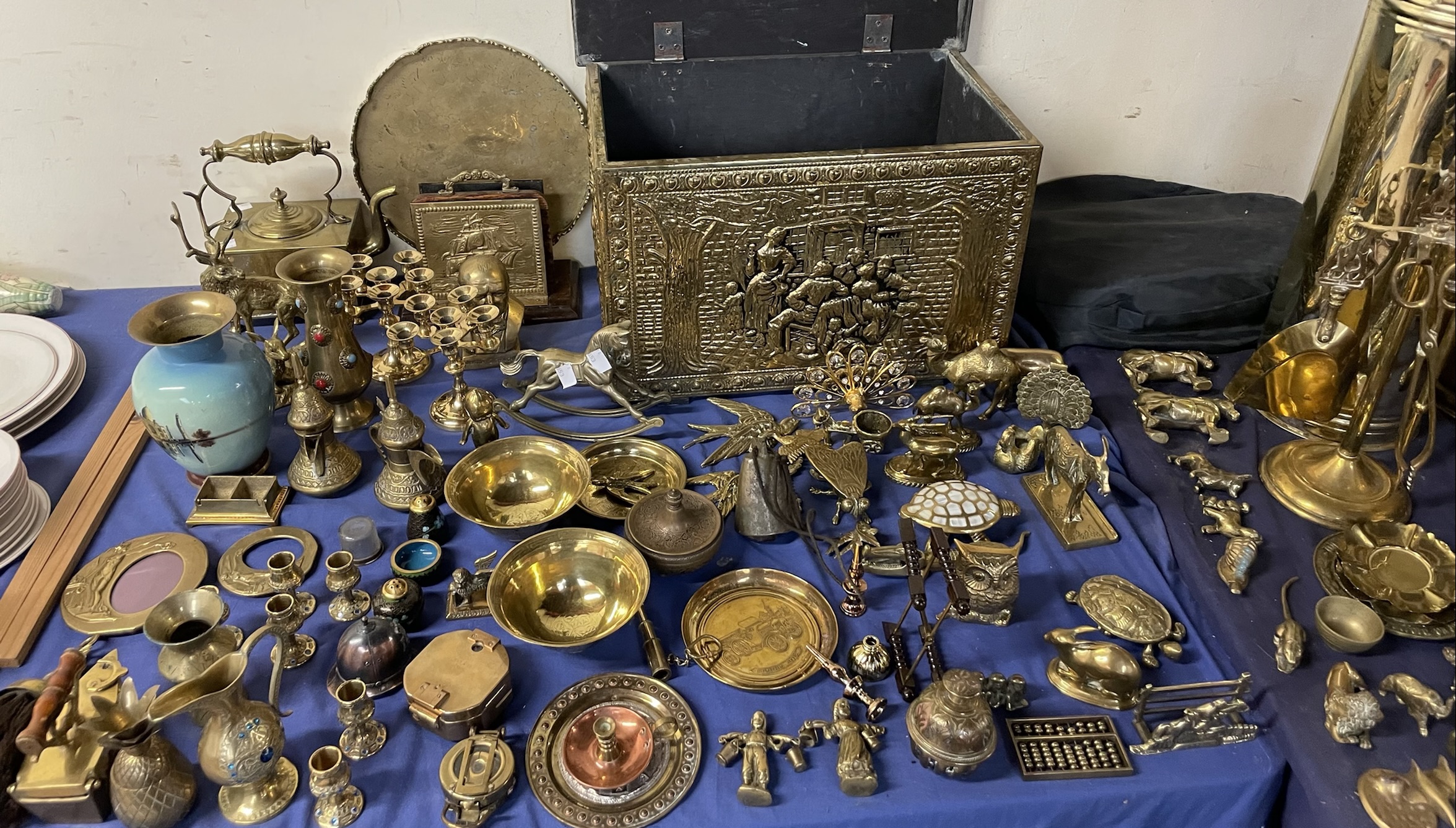 A large quantity of brasswares including a coal box, candlesticks, flying birds, picture frames, - Image 2 of 3