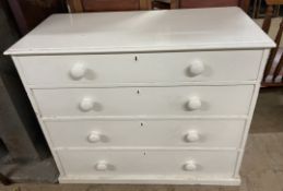 A 19th century painted pine chest of drawers on a plinth base