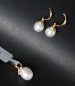 Gemporia - A south sea cultured pearl and white zircon 9k gold pendant together with a pair of