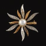 Ladies' Retro Gold, Diamond and Pearl Brooch