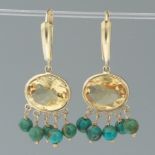 Ladies' Gold, Amber Citrine and Turquoise Pair of Earrings