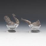 Dutch Silver and Crystal Glass Articulated Cockerel and Hen Individual Salt Cellars
