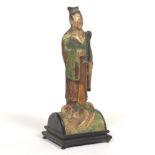 Antique Chinese Sancai Glazed Roof Tile of Figure with Scepter on Stand