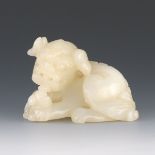 Chinese Carved White Hardstone Foo Dog with Puppy Ornament