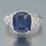 Ladies' Art Deco Platinum, Natural Ceylon 7.07 ct Blue Sapphire and Diamond Ring, GIA Report 221529