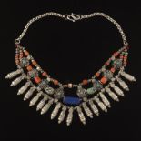 Artisan Tribal Style Silver, Lapis Lazuli, Coraland Turquoise Bib Fringe Necklace