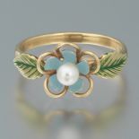 Ladies Elegant Gold, Seed Pearl and Enamel Forget-Me-Not Ring