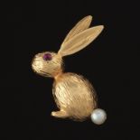 Adorable Gold, Ruby and Pearl Rabbit Pin/Brooch