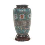 Chinese Champleve Enameled Vase on Carved Rosewood Stand