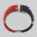 Ladies' Chinese Sterling Silver, Carved Black Onyx and Carnelian Double Dragon Bypass Bangle
