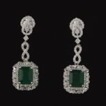 A Pair of Emerald and Diamond Pendant Earrings