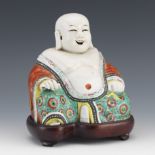 Chinese Porcelain Budai Laughing Buddha on Carved Wood Stand