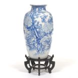 Chinese Large Blue and White Porcelain Vase on Wood Stand