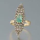 Ladies' Edwardian Gold, Rose Cut Diamonds and Emerald Navette Ring