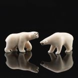 Two Carved Walrus Tusk Polar Bear Figurines