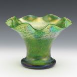 Loetz Emerald Glass with Peacock Iridescence Ruffled Vase