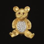 Adorable Gold, Diamond and Ruby Teddy Bear Pin/Brooch