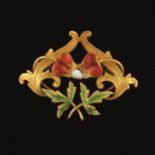 Art Nouveau Gold, Enamel and Seed Pearl "Bleeding Hearts" Brooch