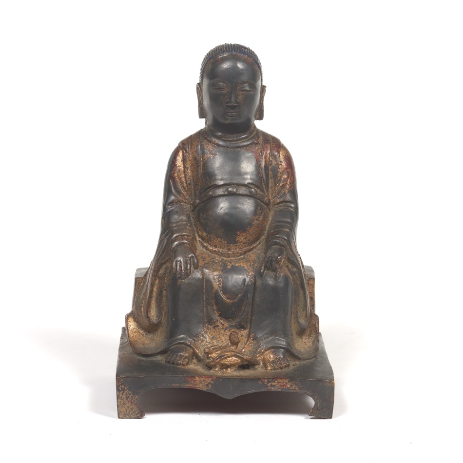Chinese Patinated Copper Alloy with Gilt Lacquer Finish Sculpture of Deity with Xuan Wu - Immortal - Image 2 of 7